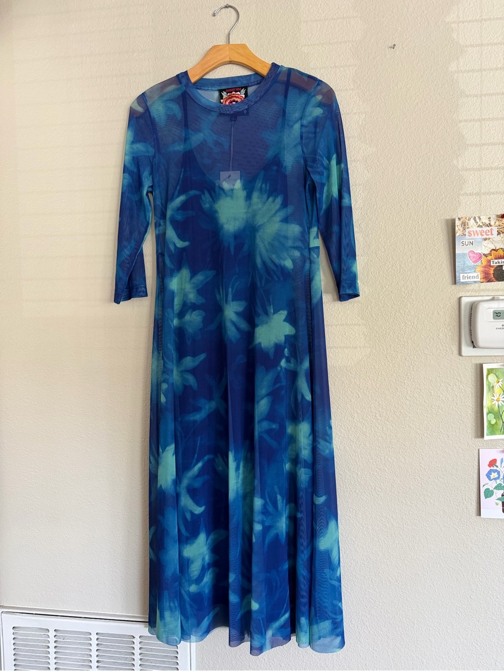 Johnny Was 3/4 Sleeve Mesh Midi Dress Water Garden Blue Green Size Small NWT
